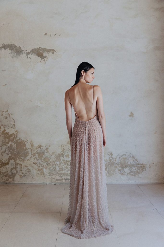 Robe de mariée seconde main Maison Maelie Lille - Modèle Cleopatre en tulle brodé nude